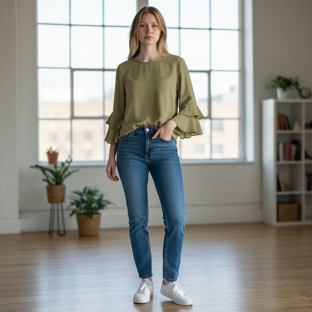 J.Crew Womens Olive Green Double Ruffle Bell Sleeve Crepe Blouse Size 4